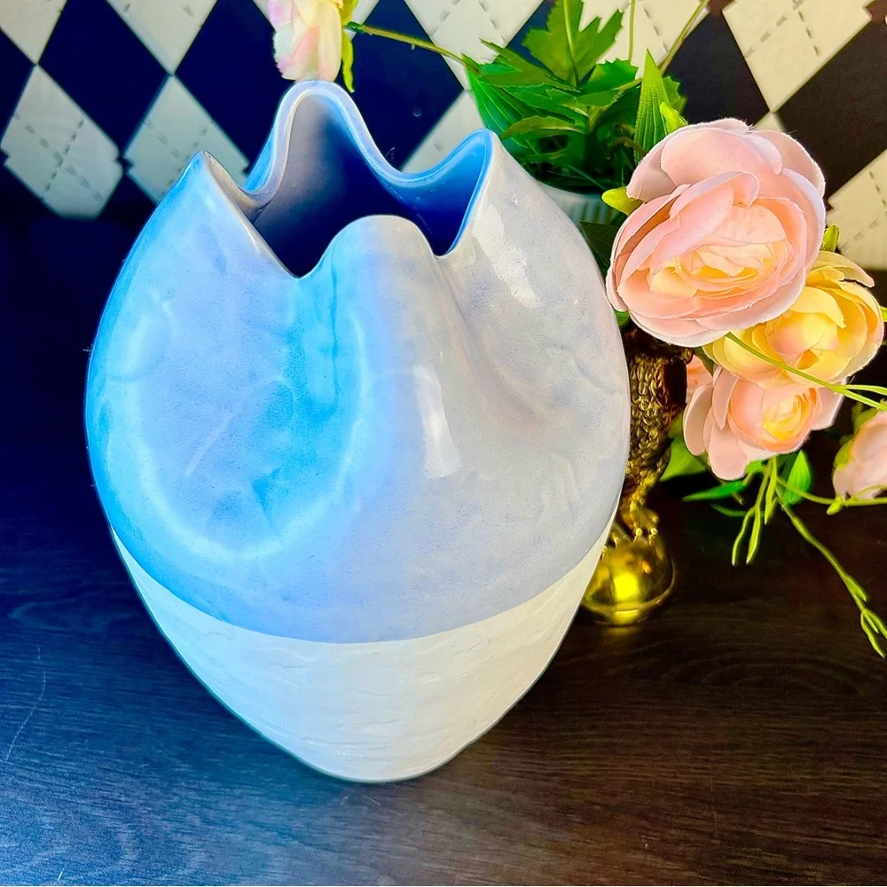 Large Wabi‎ Sabi Studio Pottery Vase Sculptural Ceramic Pinched Rim Blue White